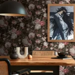 Wallpaper Raven, white and pink roses on black
