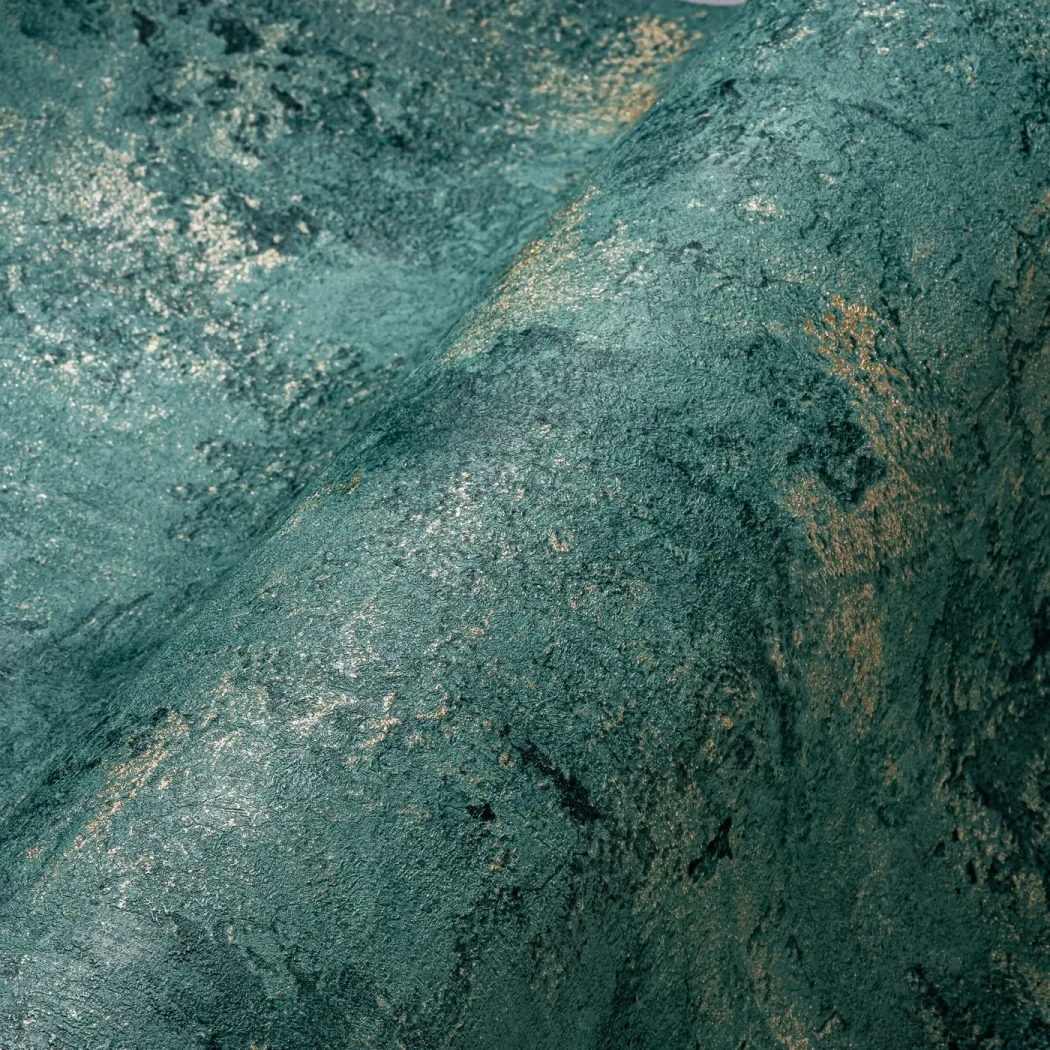 Wallpaper Ashen Indigo, blue-green concrete effect with gold flecks