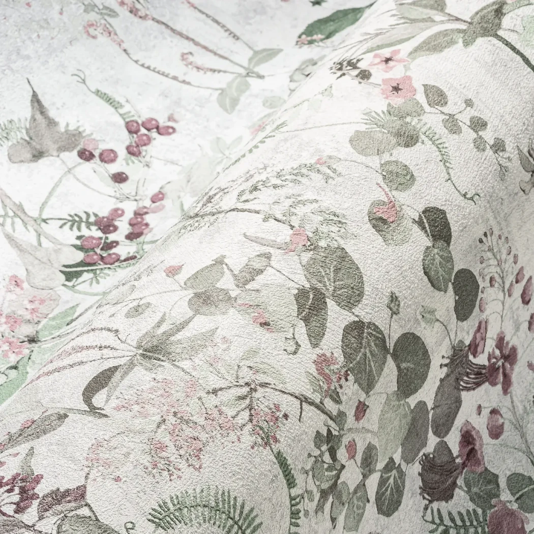 Wallpaper Soft Pebble, grey foliage and pink berries pattern
