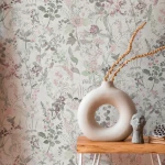 Wallpaper Soft Pebble, grey foliage and pink berries pattern