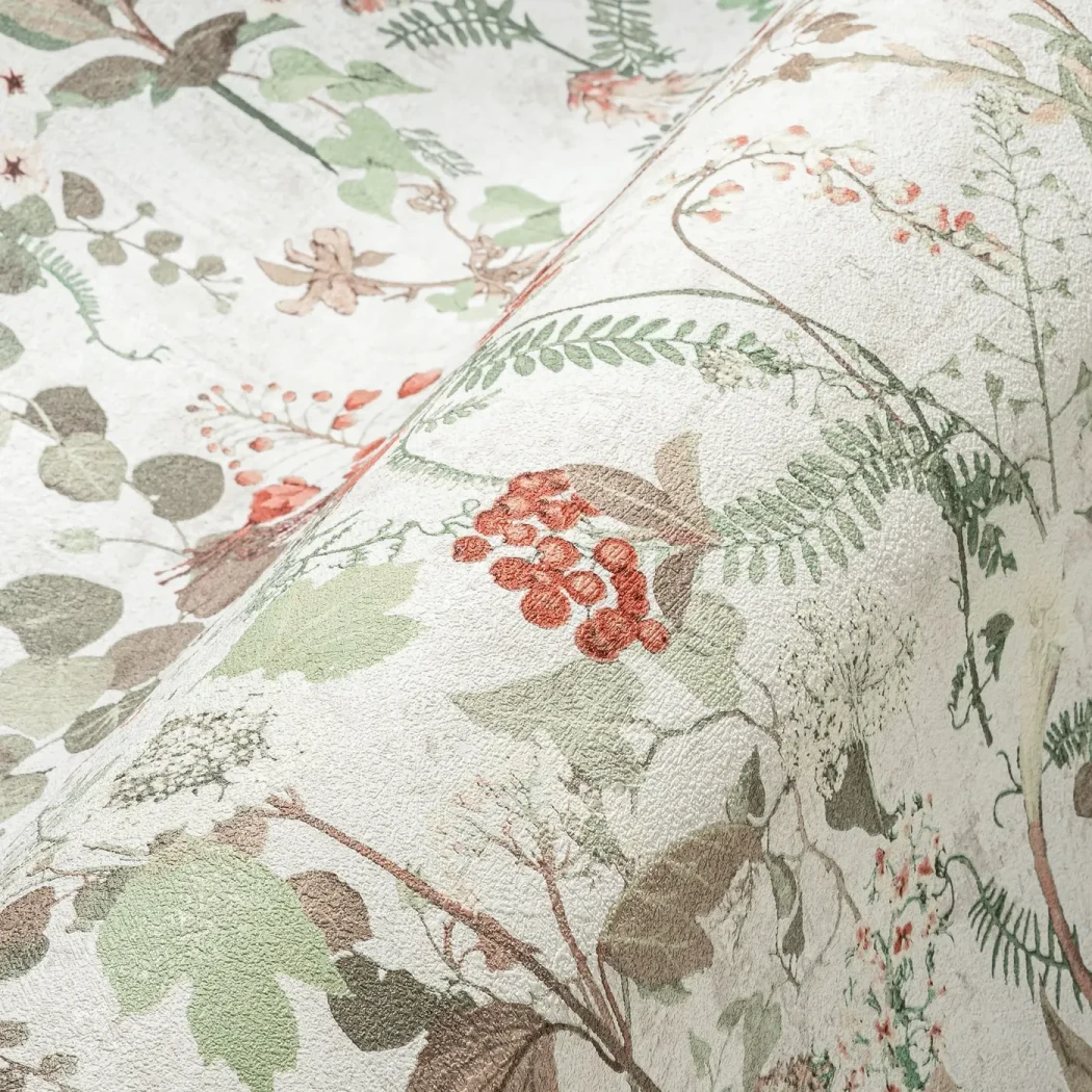 Wallpaper Veiled Anise, green foliage and coral berries on ivory