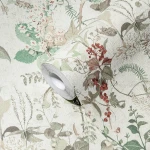Wallpaper Veiled Anise, green foliage and coral berries on ivory