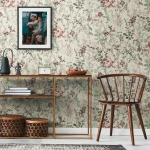 Wallpaper Veiled Anise, green foliage and coral berries on ivory