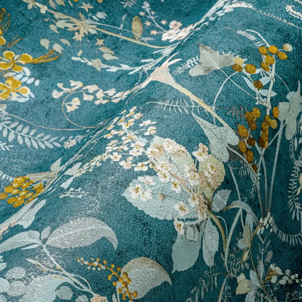 Wallpaper Deep Ocean, white and gold meadow on teal