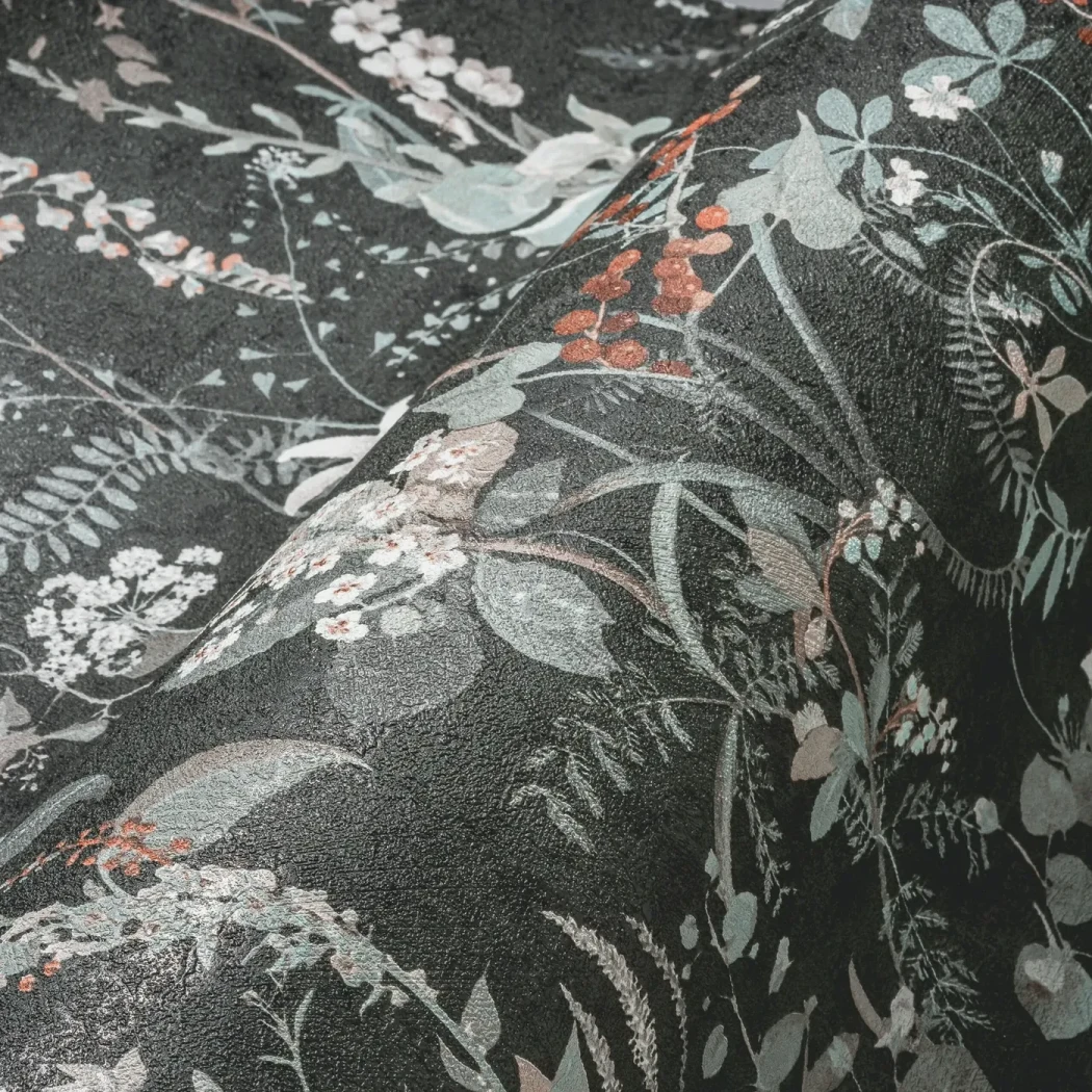 Wallpaper Ashen Zinc, grey-green ferns and orange berries on charcoal