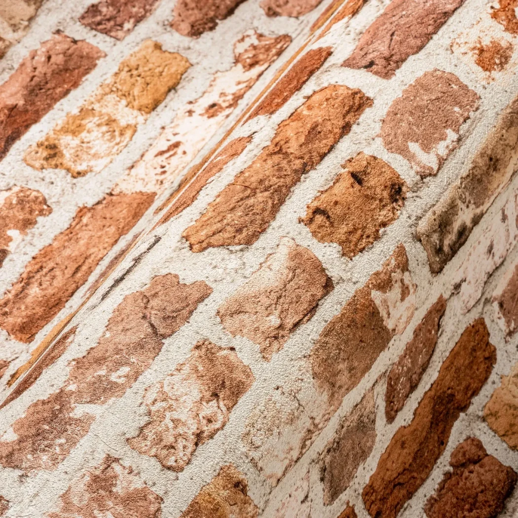 Wallpaper Veiled Parchment, cream and terracotta old brick effect