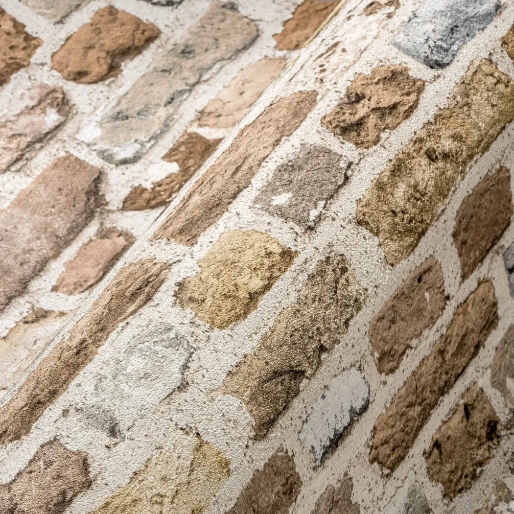 Wallpaper Misty Bistre, ochre and gold stone blocks