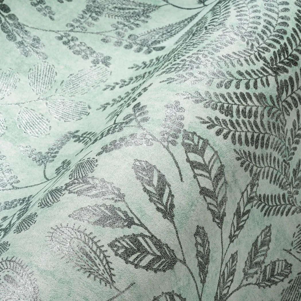 Wallpaper Soft Concrete, silver-grey ferns on pale water-green
