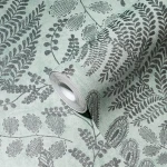 Wallpaper Soft Concrete, silver-grey ferns on pale water-green