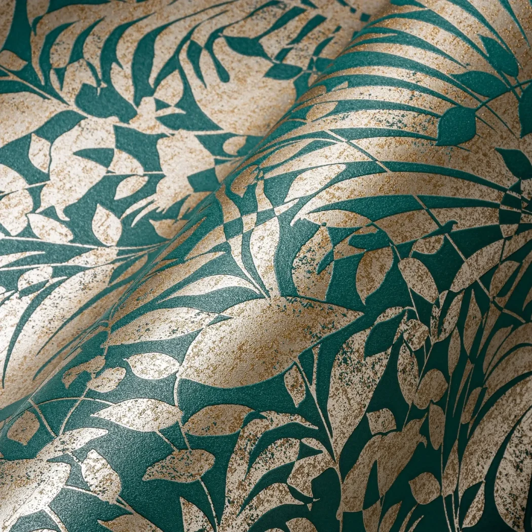 Wallpaper Deep Cobalt, gold palm leaves on blue-green