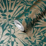 Wallpaper Deep Cobalt, gold palm leaves on blue-green