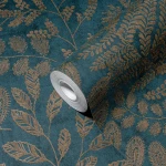 Wallpaper Deep Azure, gold branches on petrol-blue ground