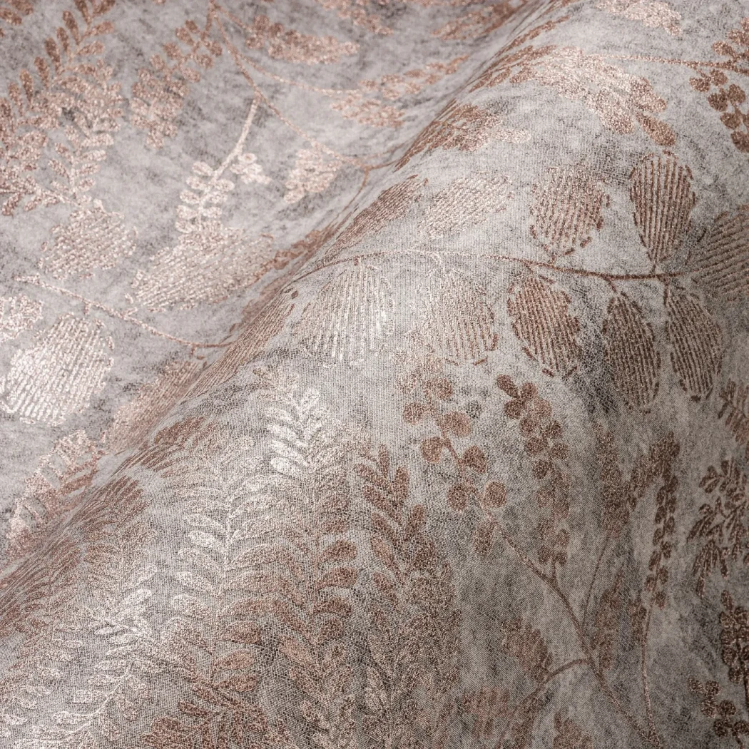 Wallpaper Soft Red Ochre, copper ferns on taupe-grey