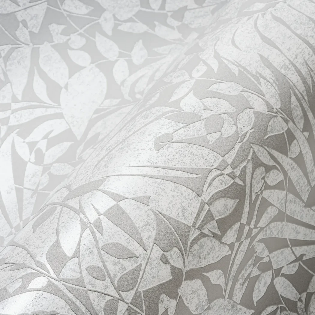 Wallpaper Soft Granite, silver leaves on light grey