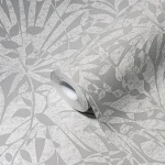 Wallpaper Soft Granite, silver leaves on light grey