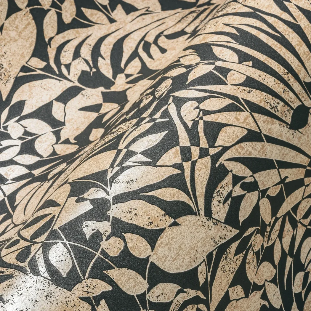 Wallpaper Soft Bamboo, beige tropical leaves on matt black