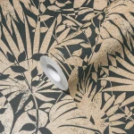 Wallpaper Soft Bamboo, beige tropical leaves on matt black