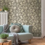 Wallpaper Soft Bamboo, beige tropical leaves on matt black